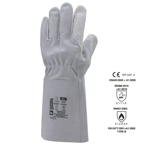 Manusi pentru sudura de precizie, EUROWELD 200, din piele moale, EN388: 2.1.1.1.X, EN407: 4.1.2.X.4.X, EN12477: TYPE B, Coverguard
