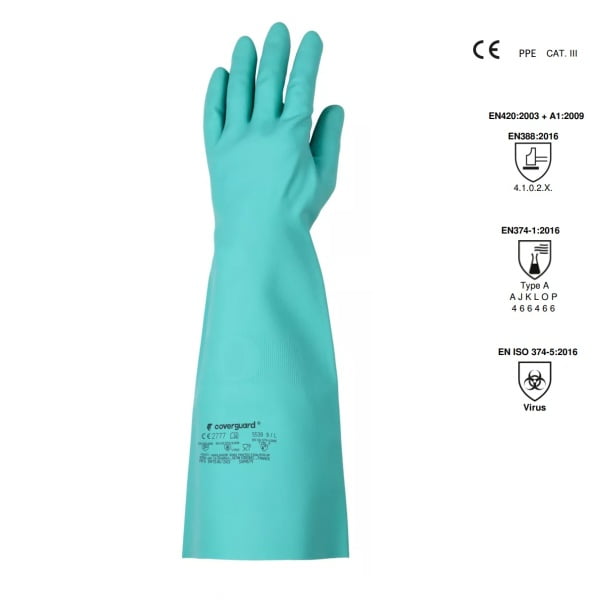 Manusi rezistente la chimicale, din nitril, EUROCHEM N5540, verzi, grosime 0,56 mm, lungime 45 cm, protectie impotriva chimicalelor si microorganismelor