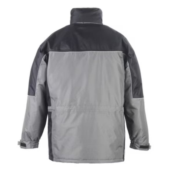 Geaca de iarna impermeabila, RIPSTOP, captusita, guler inalt, gluga ascunsa in guler, gri/negru, cu elemente reflectorizante