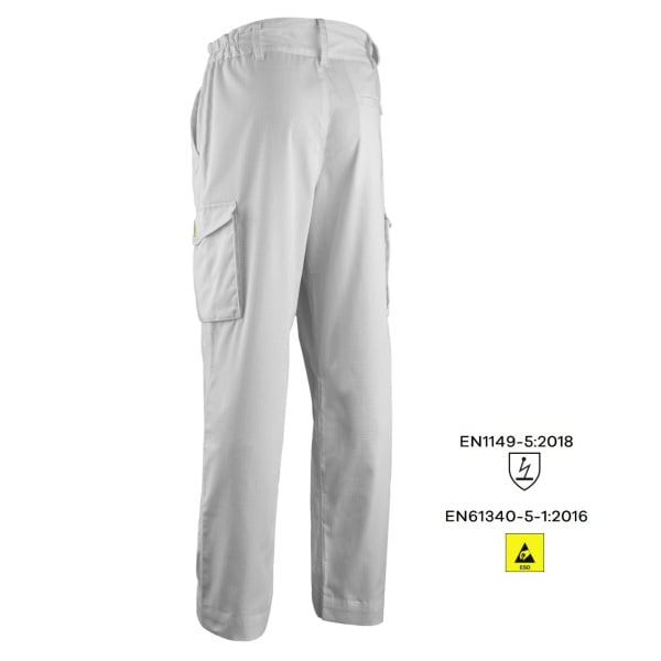 Pantaloni ESD, pe talie, TARANIS, albi, practici si confortabili, 5 buzunare, 65% poliester, 33% bumbac, 2% fibre antistatice, 195 gr/m², certificat EN1149-5:2018, EN61340-5-1:2016