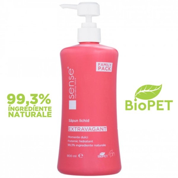 Sapun lichid gel Extravagant Sense, 800ml, 99.3% ingrediente naturale, PH neutru, parfum dulce, flacon BioPet 100% reciclabil