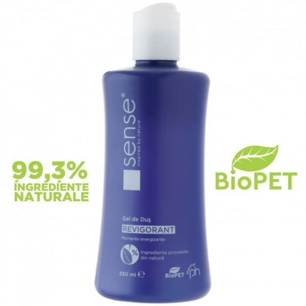 Gel de dus Revigorant Sense, 330ml, ingrediente naturale, PH neutru, usor mentolat, energizant,  flacon BioPet 100% reciclabil