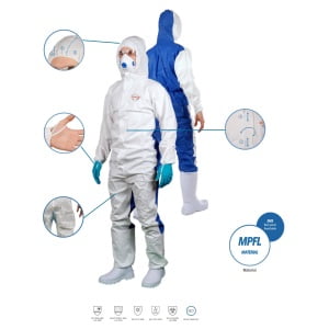 Combinezon de protectie, spate din material respirabil, de unica folosinta, clasa 5B/6B, alb/albastru, OxyChem C250