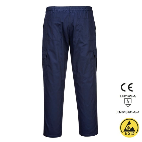 Pantaloni ESD, antistatici,  AS11, albastru inchis, usori si confortabili, 65% poliester, 34% bumbac, 1% fibra Carbon 210g/m², certificati EN 1149 -5, IEC 61340-5-1