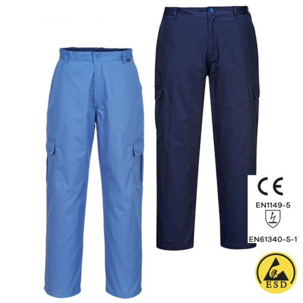 Pantaloni ESD, antistatici,  AS11, albastru deschis (Hamilton), usori si confortabili, 65% poliester, 34% bumbac, 1% fibra Carbon 210g/m², certificati EN 1149 -5, IEC 61340-5-1