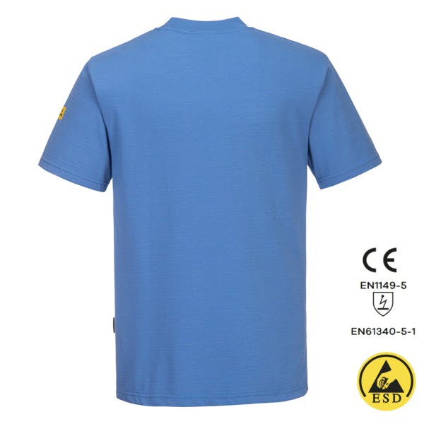 Tricou antistatic, ESD, cu maneca scurta, AS20, albastru deschis, usor si confortabil, 96% bumbac, 4% fibra Carbon 195g/m², certificat EN 1149 -5, IEC 61340-5-1