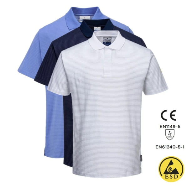 Tricou Polo, antistatic, ESD, cu maneca scurta, AS21, albastru deschis, usor si confortabil, 96% bumbac, 4% fibra Carbon 195g/m², certificat EN 1149 -5, IEC 61340-5-1