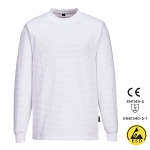 Tricou antistatic, ESD, cu maneca lunga, AS22, alb, usor si confortabil, 96% bumbac, 4% fibra Carbon 195g/m², certificat EN 1149 -5, IEC 61340-5-1