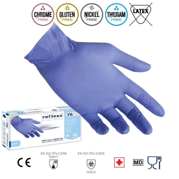 Manusi de nitril Soft, de unica folosinta, nepudrate, albastre, 0.07 mm, Reflexx 76, certificate pentru folosire in industria alimentara si domeniul medical, 100 buc/cutie