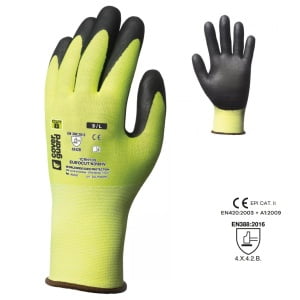 Manusi de protectie cu rezistenta la taiere 3/B, Hi-Viz, EUROCUT N318HV, galben fluorescent, cu imersie micro-spuma de nitril pe palma, Coverguard