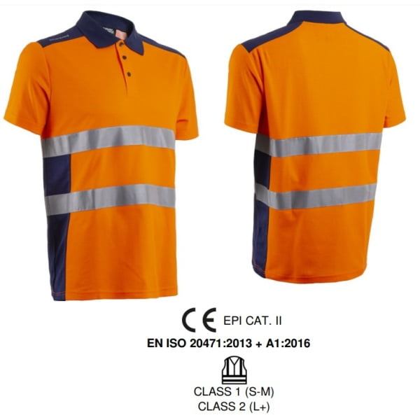 Tricou de lucru Hi-Viz, tip Polo, cu maneca scurta, OKI, portocaliu/bleumarin, 55% bumbac , 45% poliester, 150g/m², anti UV, UPF 35+, Coverguard