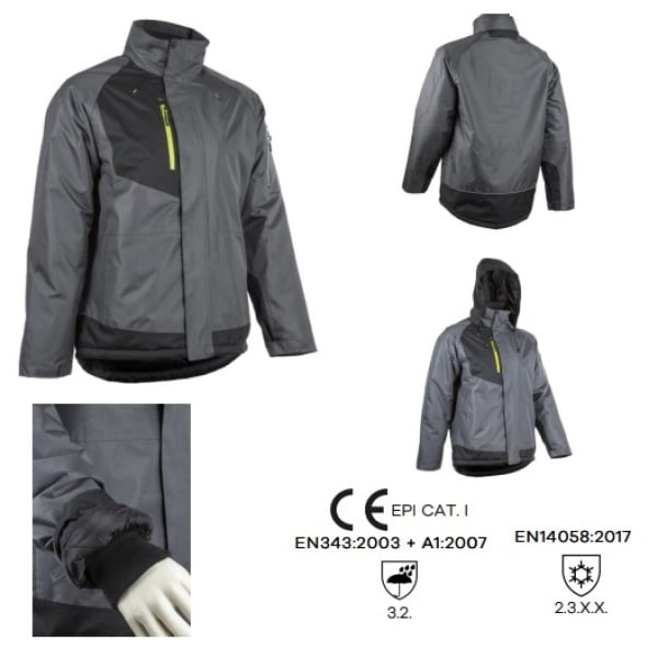 Geaca de iarna, impermeabila, captusita, Ripstop, YUZU, cu gluga, gri-negru, spate extins in lungime, Coverguard