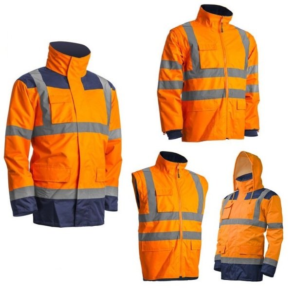 Haina de lucru pentru iarna, multifunctionala, HI-VIZ, 4 in 1, reflectorizanta, impermeabila, Kanata, portocaliu/albastru inchis , cu maneci si gluga detasabile
