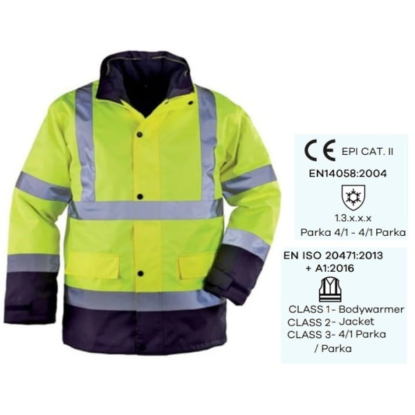 Haina de lucru pentru iarna, HI-VIZ, 4 in 1, reflectorizanta, multifunctionala, impermeabila, ROADWAY 4IN1, galben-albastru inchis, jacheta detasabila, geaca de iarna si vesta