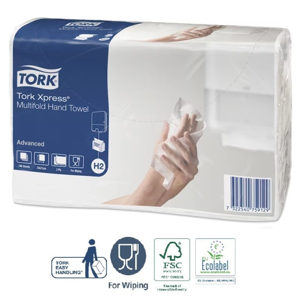 Prosoape de hartie Tork Xpress® Multifold,  sistem H2, albe, 23.4 x 21.3 cm, 2 pliuri, 190 servetele/pach, 20 pach/bax