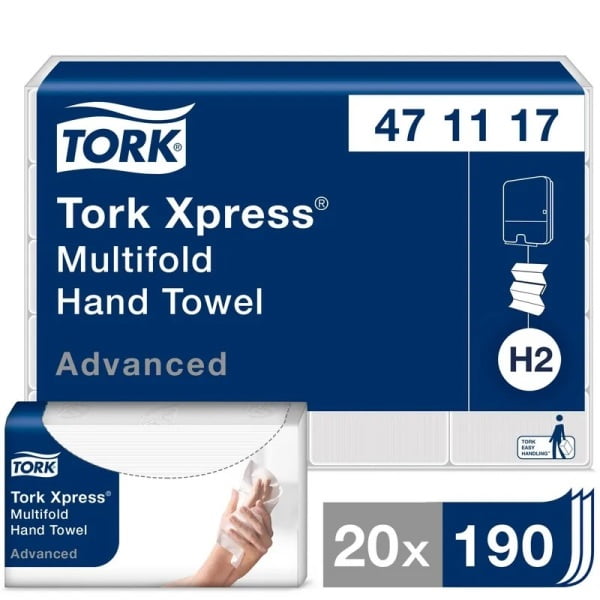 Prosoape de hartie Tork Xpress® Multifold,  sistem H2, albe, 23.4 x 21.3 cm, 2 pliuri, 190 servetele/pach, 20 pach/bax
