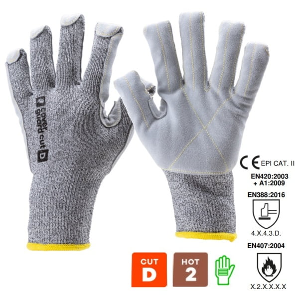 Manusi de protectie anti-taiere nivel D, rezistenta la temperatura 250°C pentru 15 secunde, EUROCUT STRONG 100, gri, palma intarita cu piele, cusaturi din aramida, rezistenta la uzura