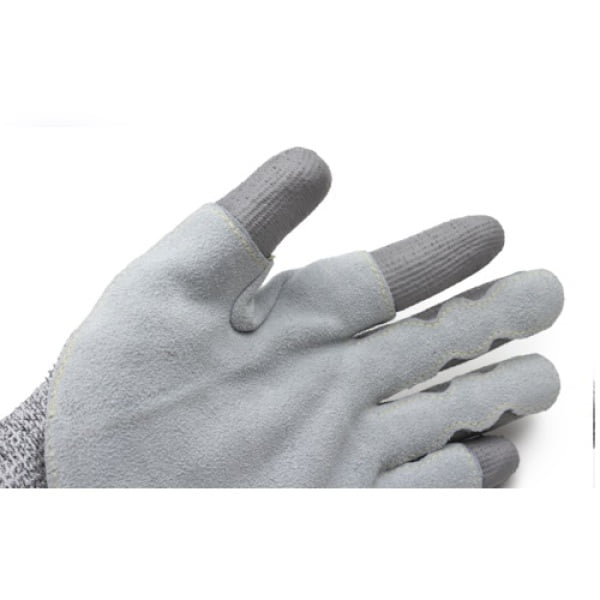Manusi de protectie anti-taiere nivel D, rezistenta la temperatura 250°C pentru 15 secunde, EUROCUT STRONG P110, gri, palma intarita cu piele, imersate in PU pe palma, cusaturi din aramida, rezistenta la uzura, dexteritate
