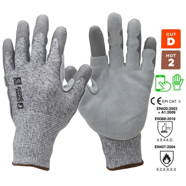 Manusi de protectie anti-taiere nivel D, rezistenta la temperatura 250°C pentru 15 secunde, EUROCUT STRONG P110, gri, palma intarita cu piele, imersate in PU pe palma, cusaturi din aramida, rezistenta la uzura, dexteritate