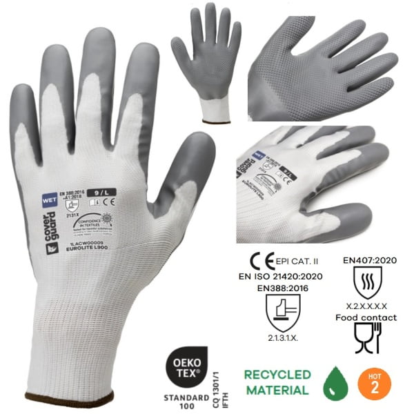 Manusi de protectie imersate in latex pe palma, EUROLITE L900, alb-gri, aderenta ridicata in conditii umede/uscate, rezistenta termica 250°C pentru 15 sec, certificate pentru industria alimentara, Oeko-Tex 100