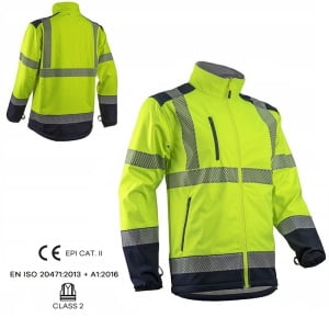 Haina HI-VIZ Softshell KAZAN, galben-albastru inchis, impermeabila 3 000 mm, respirabila, cu dungi reflectorizante, inele pentru atasare geaca de iarna