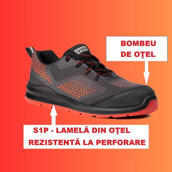 Pantofi protectie usori, S1P, SRC, MILERITE, model sport, gri-rosu, bombeu si lamela metalica, respirabilitate si confort, Coverguard