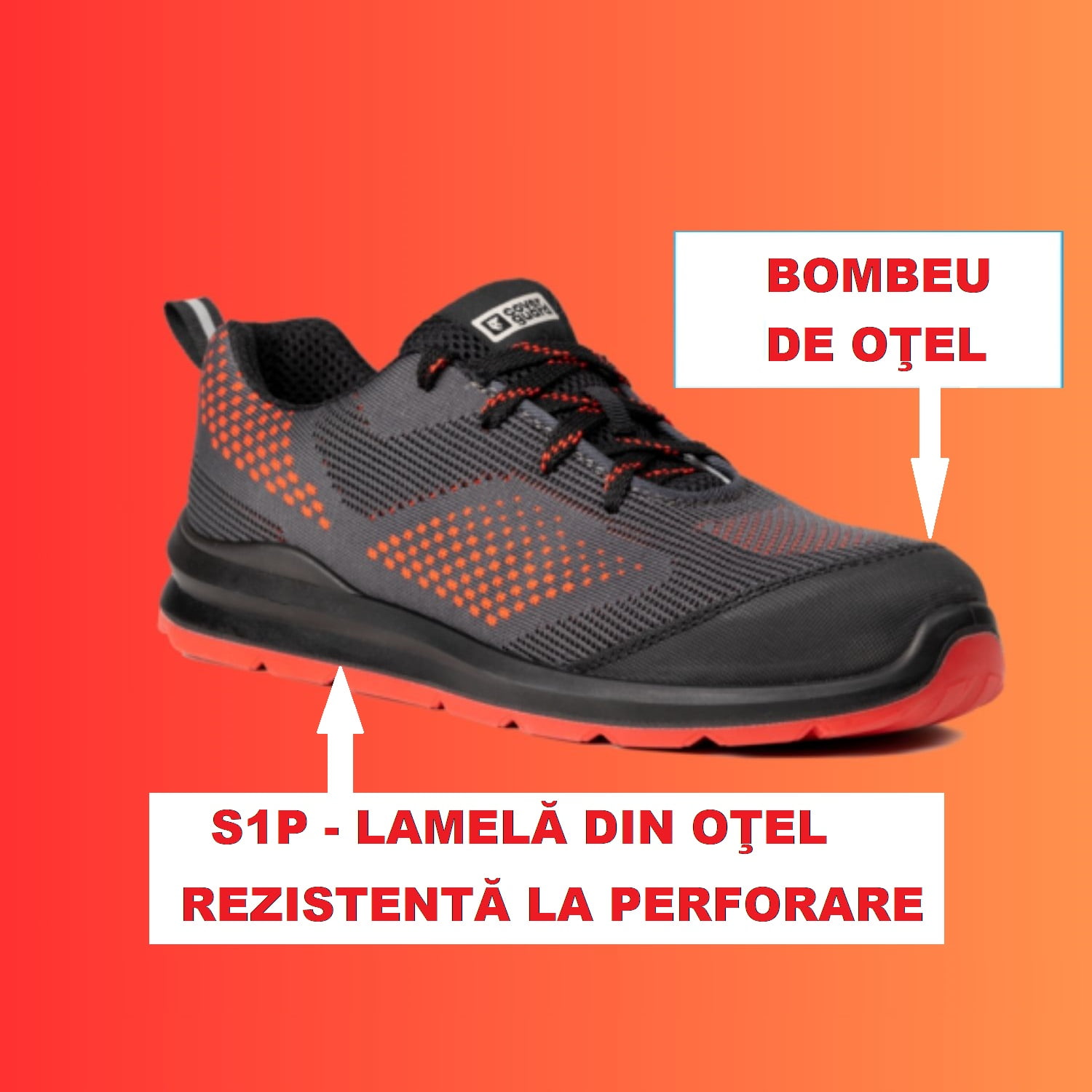 CG9MIL530_Pantofi protectie usori, S1P, SRC, MILERITE, model sport, gri-rosu, bombeu si lamela metalica, respirabilitate si confort, Coverguard_lateral_PRINC