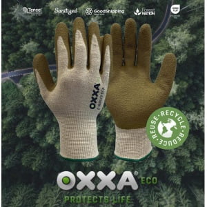 Manusi de protectie  OXXA E-Nature-Grip 52-000, suport poliester/bumbac reciclat, imersie de latex poros pe palma, aderenta ridicata in medii umede si uscate, confort si dexteritate, protectie mecanica si termica 200°C