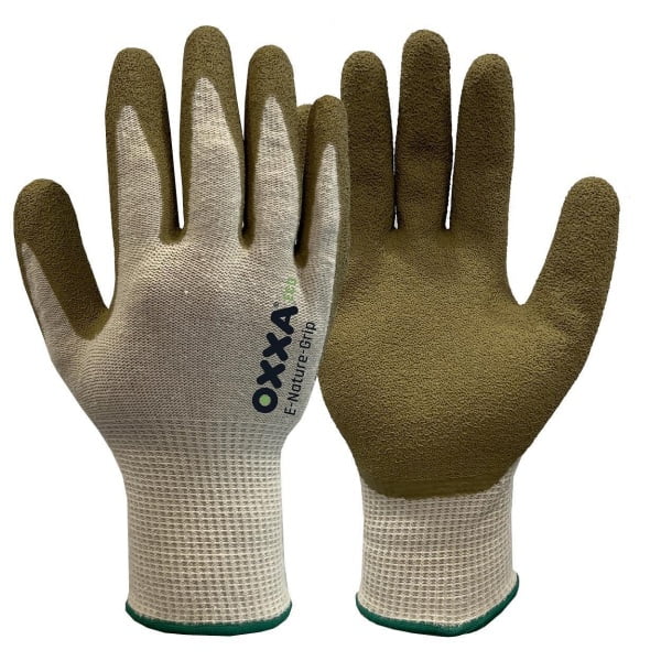 Manusi de protectie  OXXA E-Nature-Grip 52-000, suport poliester/bumbac reciclat, imersie de latex poros pe palma, aderenta ridicata in medii umede si uscate, confort si dexteritate, protectie mecanica si termica 200°C