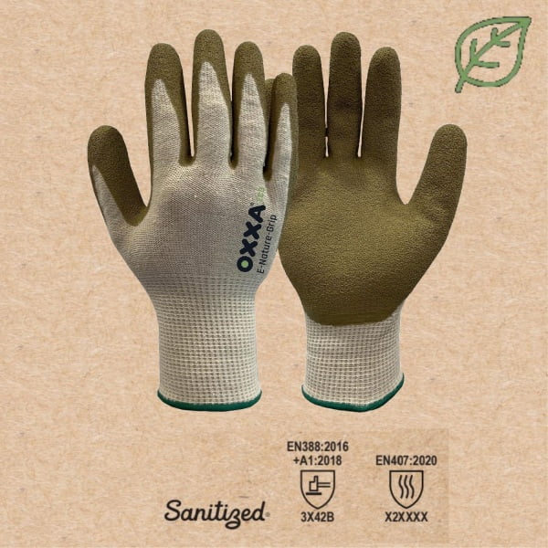 Manusi de protectie  OXXA E-Nature-Grip 52-000, suport poliester/bumbac reciclat, imersie de latex poros pe palma, aderenta ridicata in medii umede si uscate, confort si dexteritate, protectie mecanica si termica 200°C