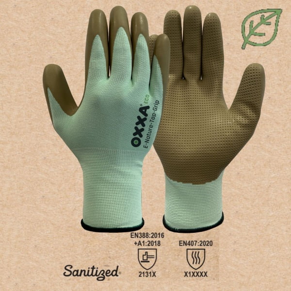 Manusi de protectie  OXXA E-Nature-Top-Grip 52-050, suport poliester reciclat, imersie de cauciuc natural aerat pe palma, aderenta si dexteritate maxima, protectie mecanica si termica 100°C