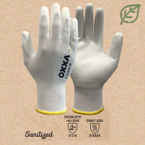 Manusi de protectie OXXA E-Green-W 52-100, suport poliester reciclat, imersie de poliuretan moale, pentru aplicatii de precizie, simt tactil, protectie mecanica si termica 100°C