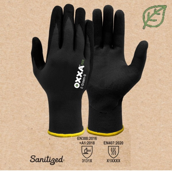 Manusi de protectie OXXA E-Green-B 52-110, suport poliester reciclat, imersie de poliuretan moale, pentru aplicatii de precizie, simt tactil, protectie mecanica si termica 100°C