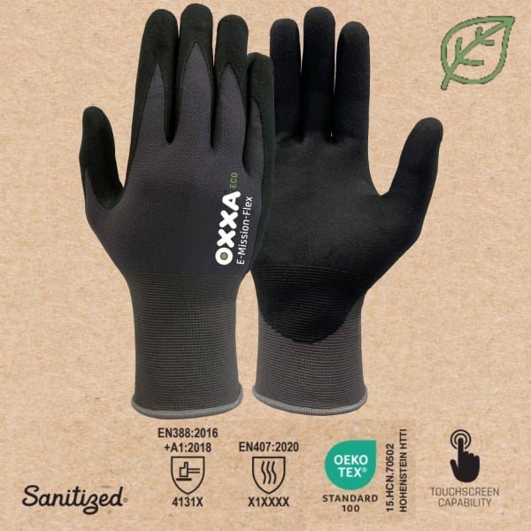 Manusi de protectie OXXA® E-Mission-Flex 52-200, suport poliester reciclat, imersie din spuma de nitril, aderenta in medii uscate sau uleioase, protectie termica 100°C, compatibile cu dispozitive touchscreen