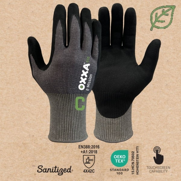 Manusi de protectie anti-taiere, nivel C, OXXA E-Mission Cut C 52-700, suport din fibre reciclate, imersate in spuma de nitril, aderenta in medii uscate, ude, uleioase, compatibile cu dispozitive touchscreen