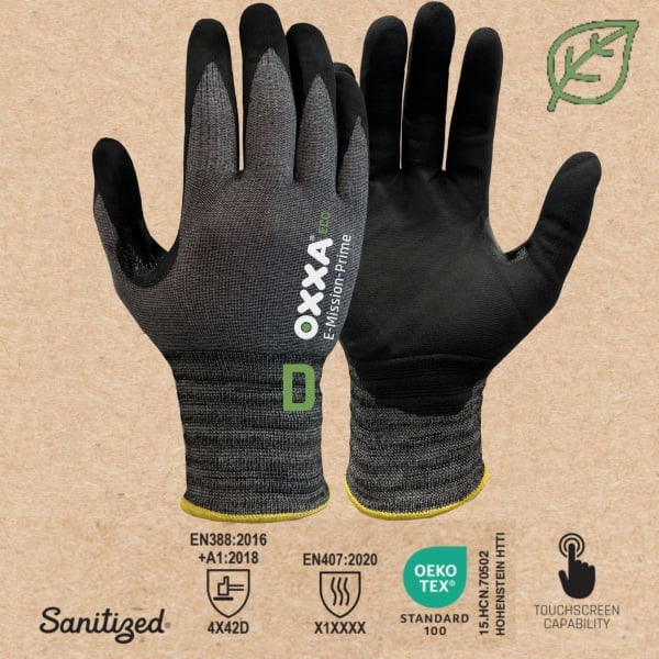 Manusi de protectie anti-taiere, nivel D, E-Mission-Prime Cut D 52-720, suport din fibre reciclate, imersate in spuma de nitril, aderenta in medii uscate, ude, uleioase, protectie termica 100°C, compatibile cu dispozitive touchscreen