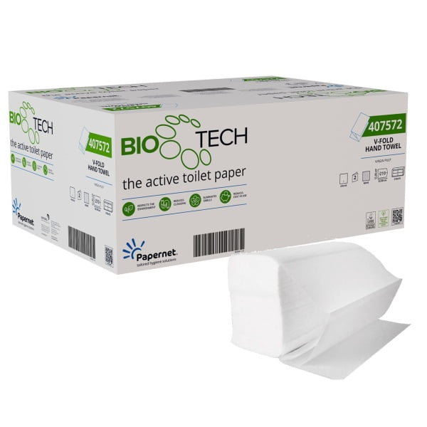 Prosoape de hartie pliate V, BioTech, Papernet 407572, celuloza pura, alb, 2 straturi, 21x22cm, certificat Ecolabel, 210 servetele/pachet, 15 pachet/bax