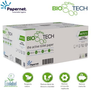 Prosoape de hartie pliate V, BioTech, Papernet 407572, celuloza pura, alb, 2 straturi, 21x22cm, certificat Ecolabel, 210 portii/pachet, 15 pachet/bax