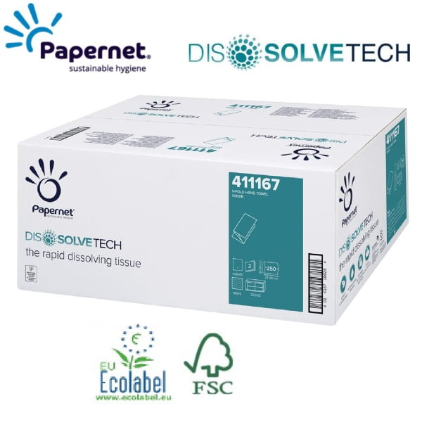 Prosoape de hartie pliate V, Dissolve Tech, Papernet 411167, albe, 2 straturi, certificate Ecolabel, FSC, 250 servetele / pachet, 15 pachete / bax