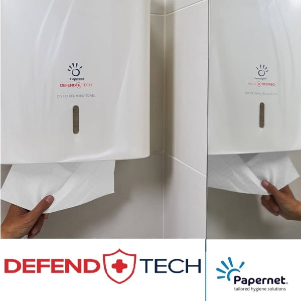 Dispenser Antibacterial DEFEND TECH, Papernet 416148, pentru prosoape de hartie pliate Z/W, alb, dimensiuni 33.6 x 10.8 x 29 cm