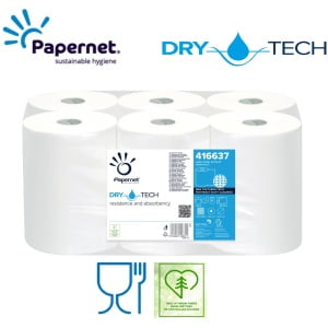 Rola prosop hartie autocut, Papernet 416637 Dry Tech, alba, 1 strat, celuloza pura, 165 m, 6 role/bax, certificat pentru industria alimentara, Food Contact