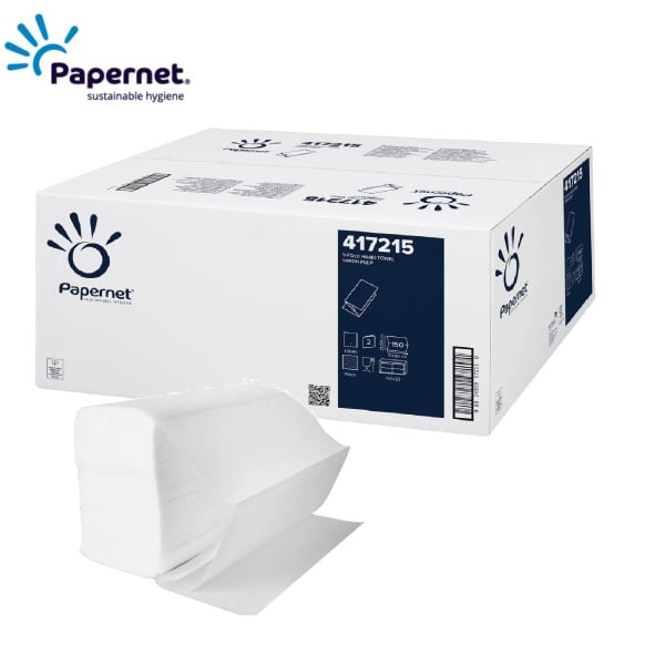 Prosoape de hartie pliate V Papernet 417215, celuloza pura, 2 straturi, alb, 21 x 24cm, certificate  Ecolabel, Food Contact, 150 servetele/pachet, 20 pachete/bax