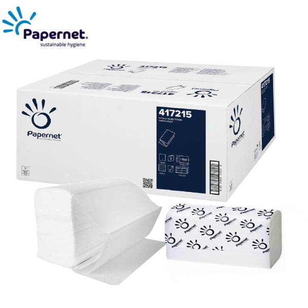 Prosoape de hartie pliate V Papernet 417215, celuloza pura, 2 straturi, alb, 21 x 24cm, certificate  Ecolabel, Food Contact, 150 servetele/pachet, 20 pachete/bax