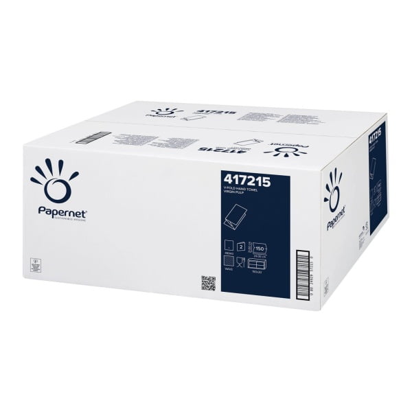 Prosoape de hartie pliate V Papernet 417215, celuloza pura, 2 straturi, alb, 21 x 24cm, certificate  Ecolabel, Food Contact, 150 servetele/pachet, 20 pachete/bax