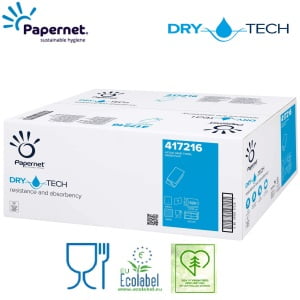 Prosoape de hartie pliate V, Dry Tech, Papernet 417216, celuloza, 1 strat, alb, 21 x 22 cm, certificate  Ecolabel, Food Contact, 320 portii/pachet, 15 pachete/bax