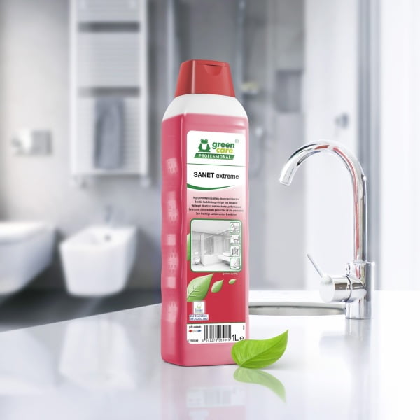 Detergent detartrant ecologic, concentrat, SANET EXTREME, pentru spatii sanitare, bai, toalete, 1L, certificat Ecolabel, CLP Free, Biodegradabil complet