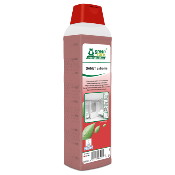 Detergent detartrant ecologic, concentrat, SANET EXTREME, pentru spatii sanitare, bai, toalete, 1L, certificat Ecolabel, CLP Free, Biodegradabil complet