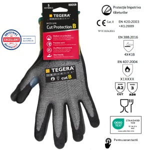 Manusi de protectie anti-taiere nivel B, Tegera 8805R, imersie spuma de nitril, intarite intre degetul mare si aratator, pentru manipulari ușoare, protectie termica maxim 100°C, certificate Food Contact, ambalate individual