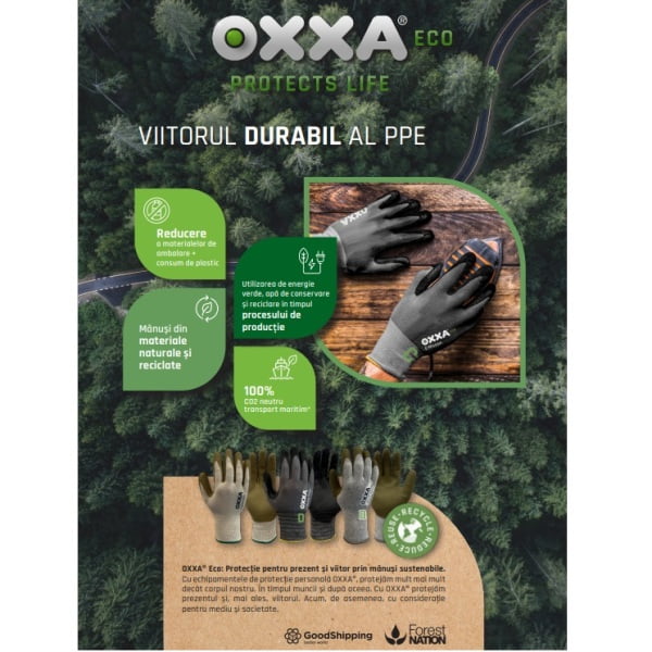 Manusi de protectie  OXXA E-Nature-Grip Cut E 52-710, protectie mecanica 3X42, taiere E si termica 100°C, imersie de latex poros pe palma, aderenta ridicata in medii umede si uscate, confort si dexteritate