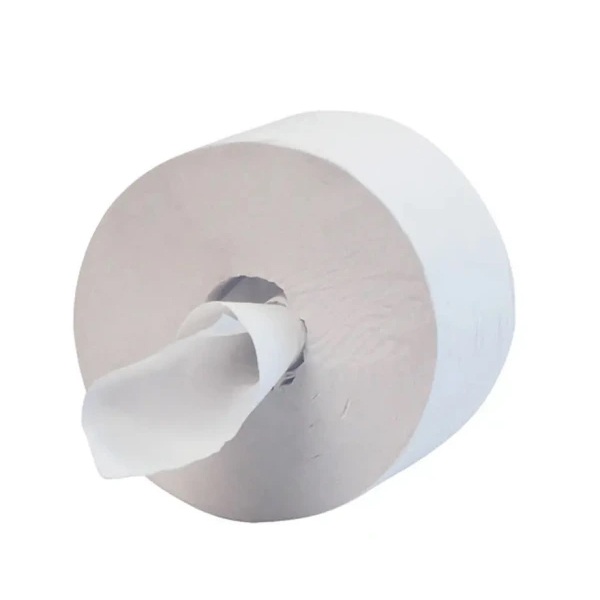 Hartie igienica cu derulare centrala fara tub Delt Papir, alba, 145 m, 2 straturi, 620 portii, latime 11.3 cm, 12 role/bax